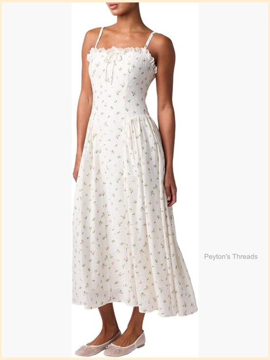 Dresses & Skirts - Floral Midi Dress with Ruffle Bow and Basque Waist